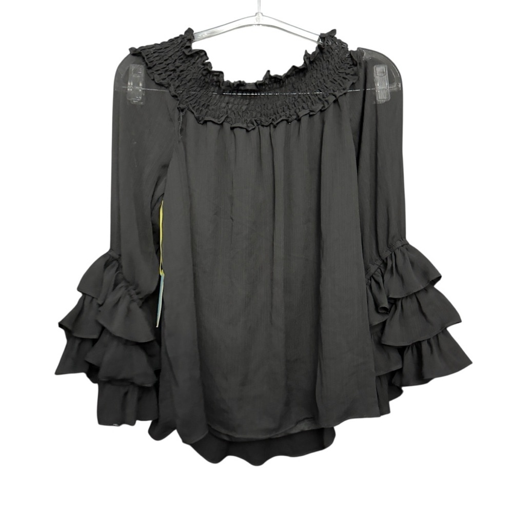CeCe XS Black Smocked Neck Ruffle Sleeve Blouse Top NWT - Picture 3 of 8